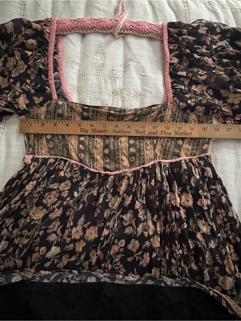 Free People Black Floral Peasant Tunic with Pink Trim 100% Cotton Small - Picture 3 of 9